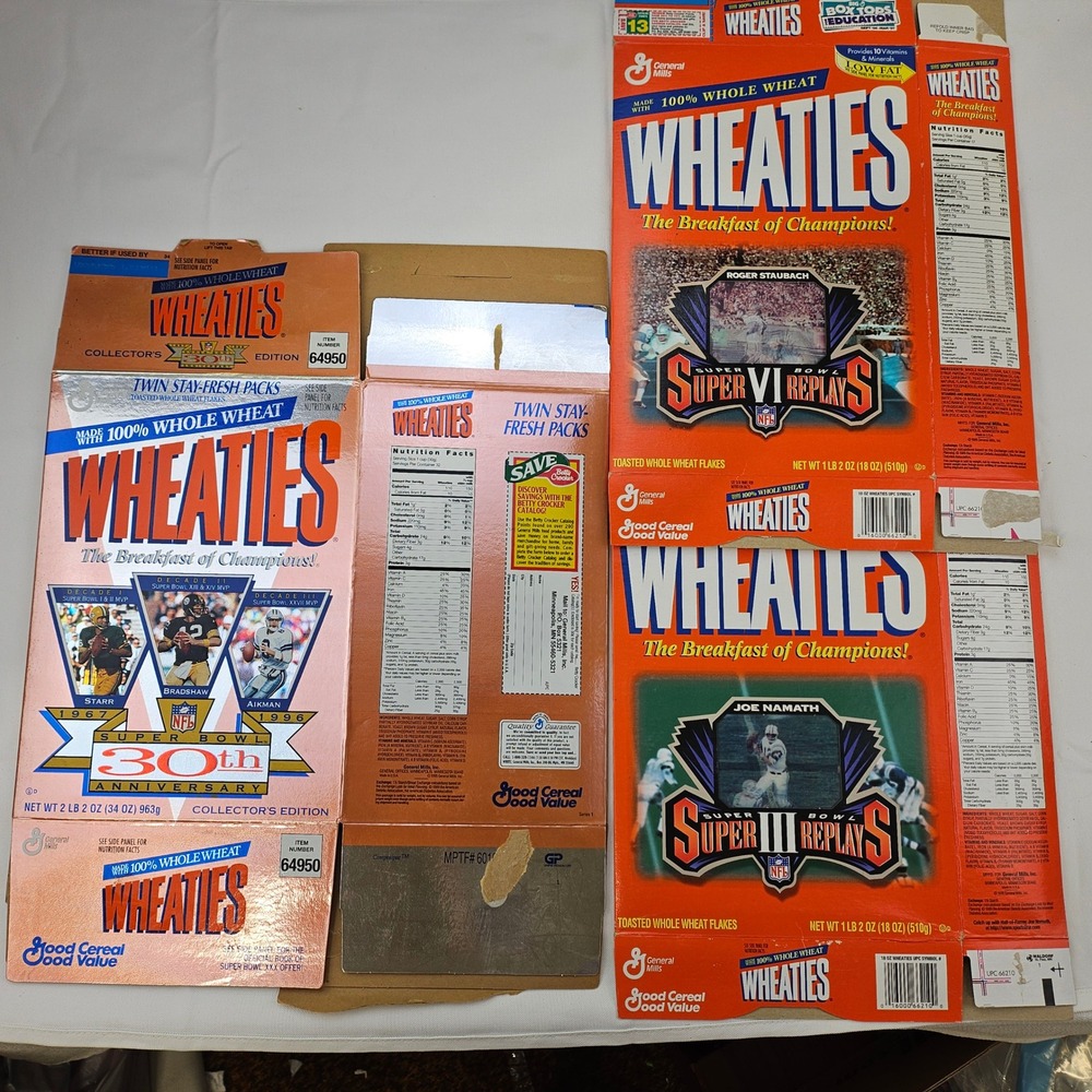 Vtg 1996 Wheaties Cereal Boxes NFL Super Bowl 30th Anniversary Namath Staubach
